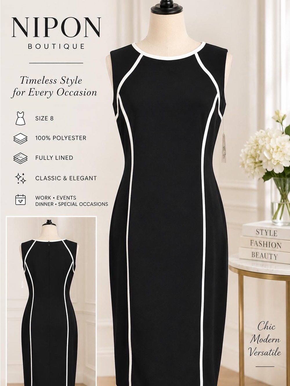 Nipon Boutique Size 8 Black White Piping Sheath Dress Fully Lined Career Cocktai